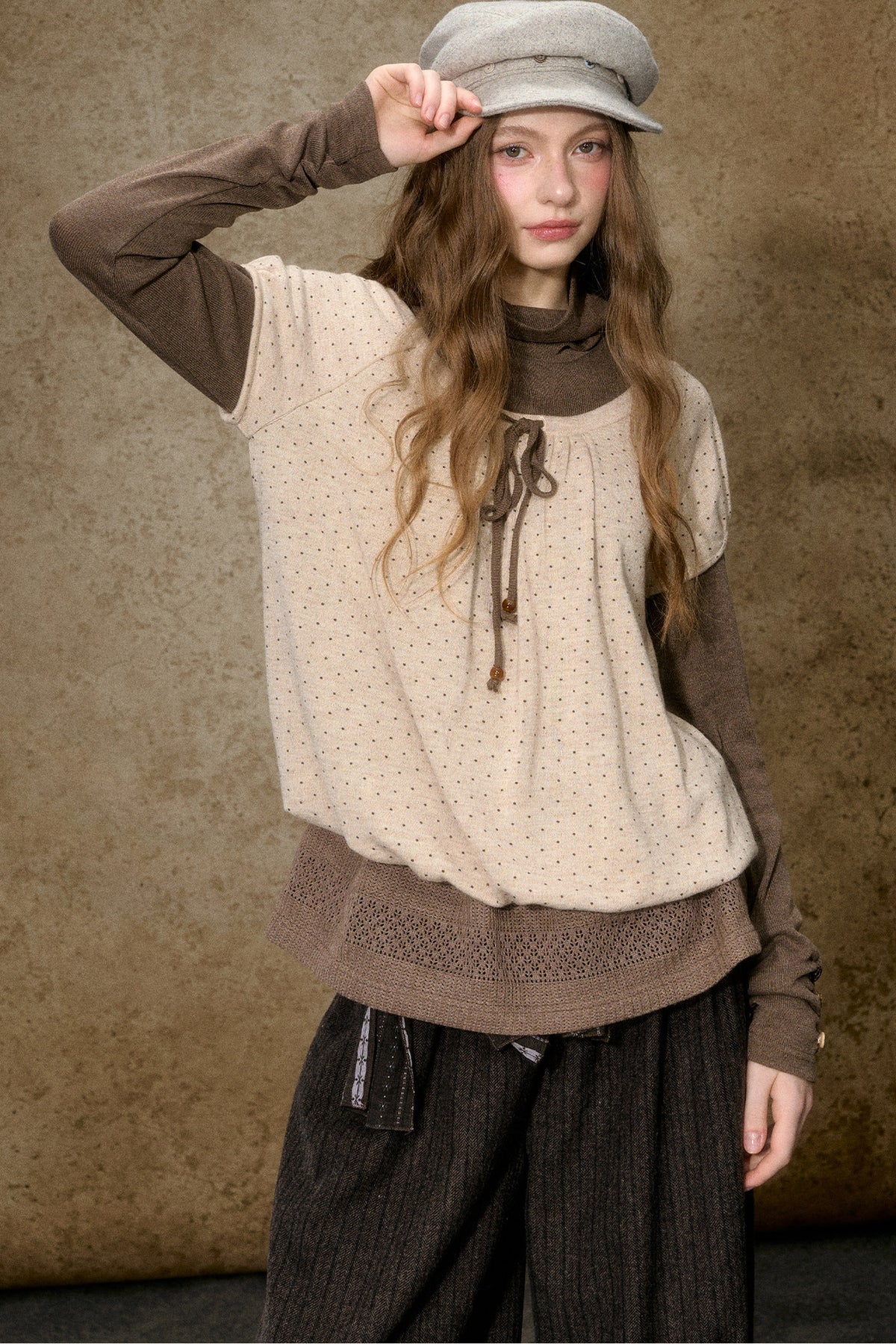 Layered-Look Polka Dot Knit Top