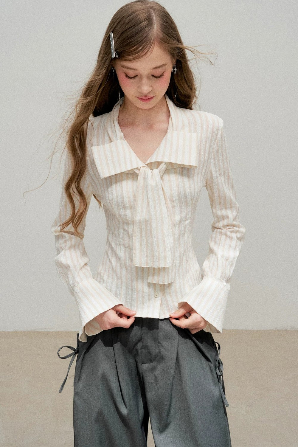 Three-Dimensional Bow Striped Blouse