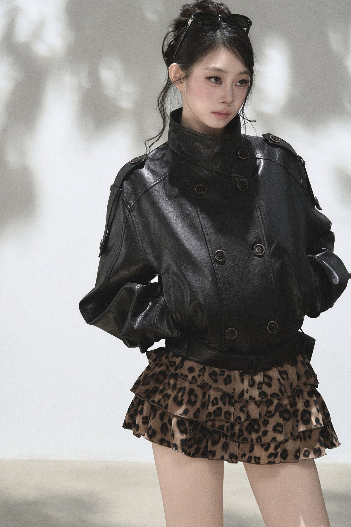 Double-Breasted Stand-Collar Leather Jacket