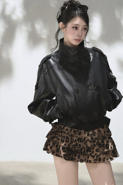 Double-Breasted Stand-Collar Leather Jacket