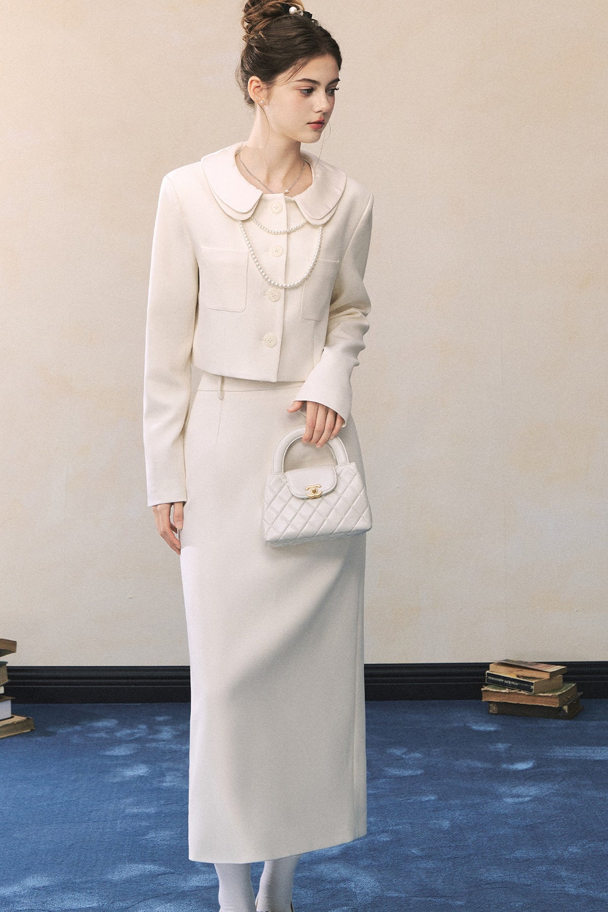 White Short Blazer And High-Waisted Skirt Set-Up