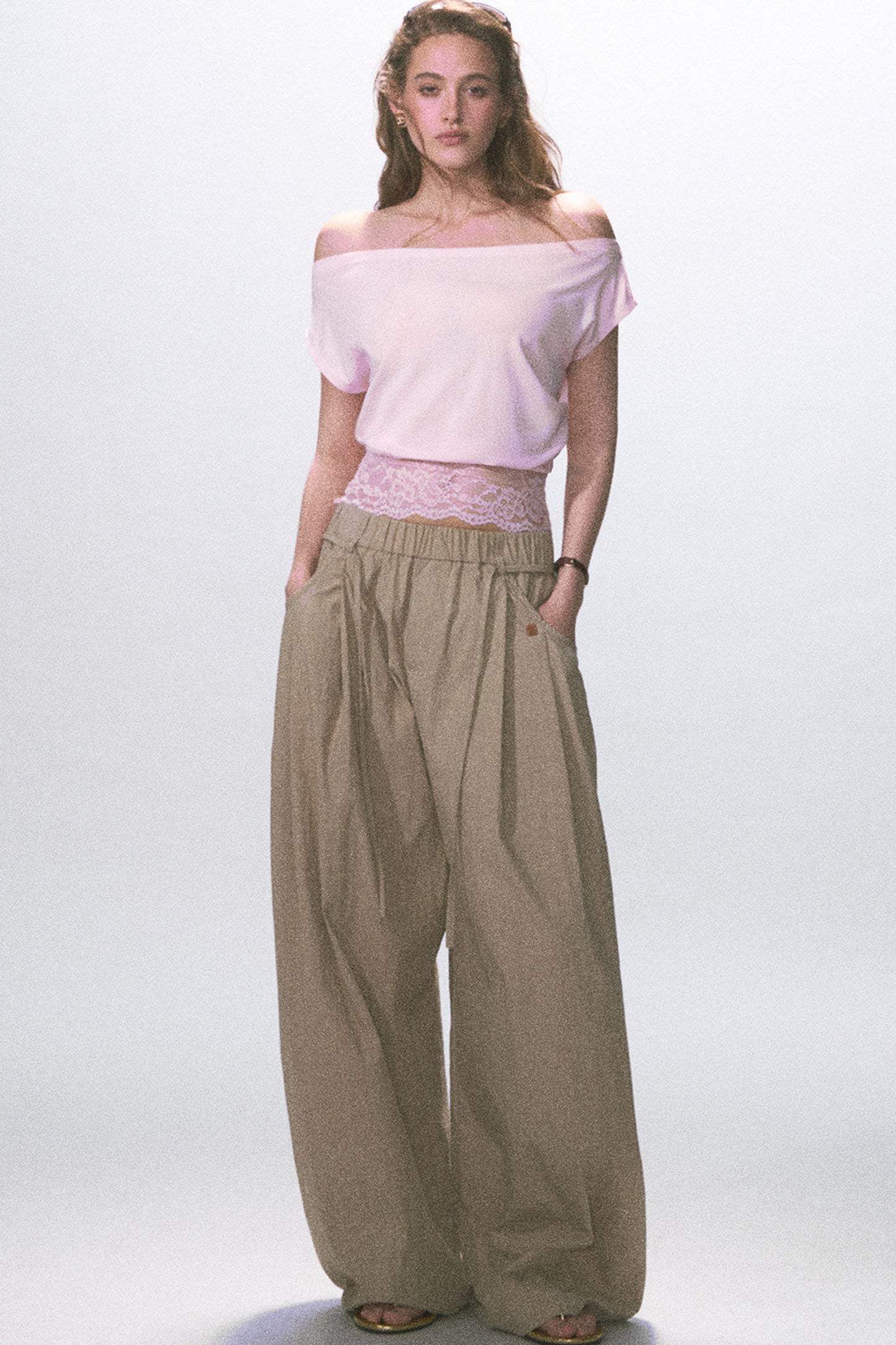 Wrinkled Twill Wide-Leg Pants