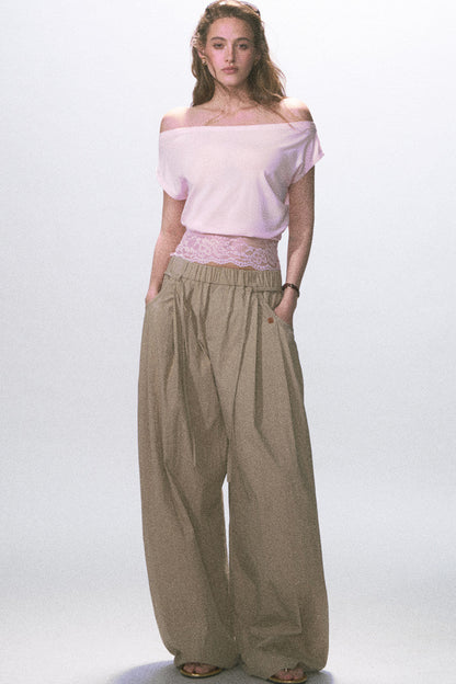 Wrinkled Twill Wide-Leg Pants