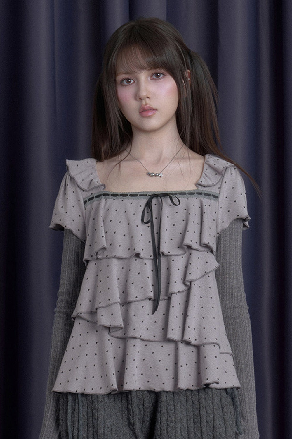 Long-Sleeved Gray-Purple Cake-Style Knit Top