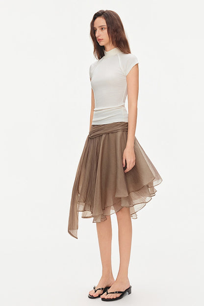 Asymmetrical Tie Waist Sheer Midi Skirt