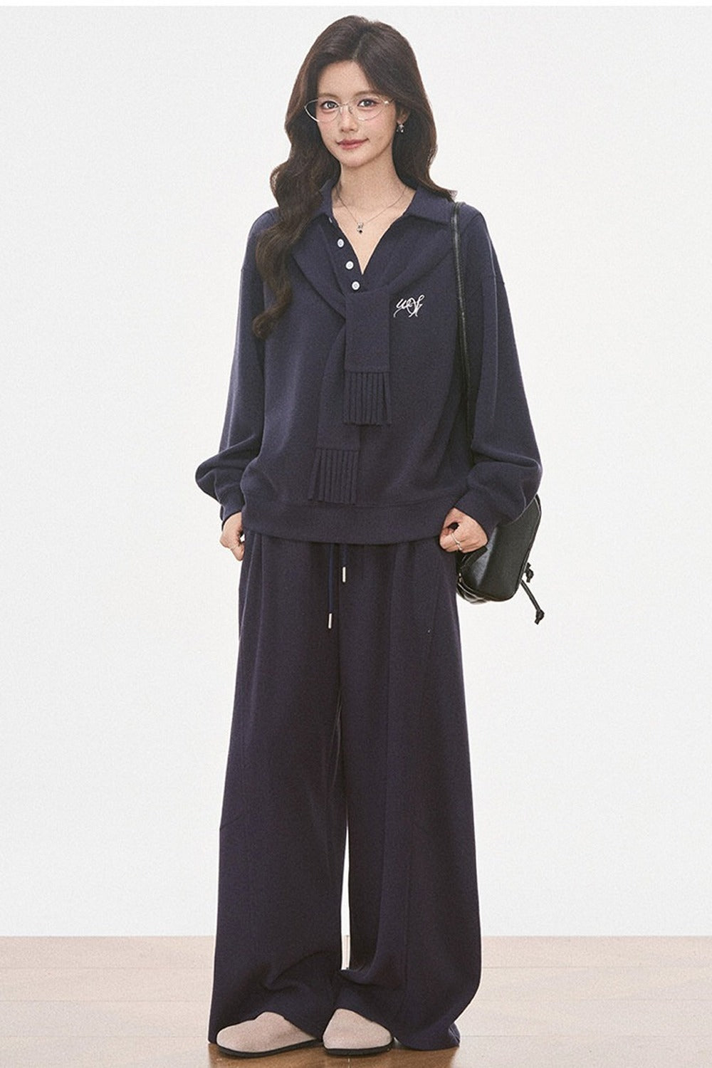 Knit Scarf Sweatshirt and Sweatpants Set-Up