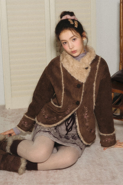 Embroidered Branch Snow Faux Suede Jacket