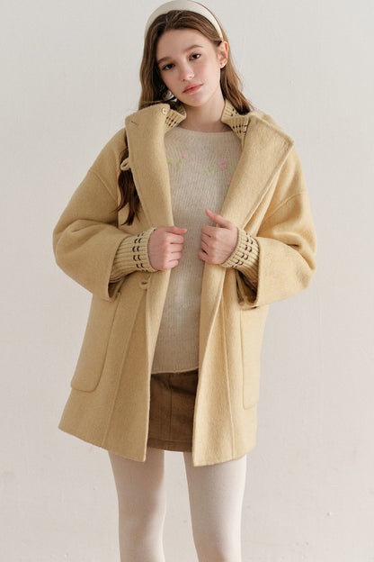 Hooded Horn Button Wool Coat