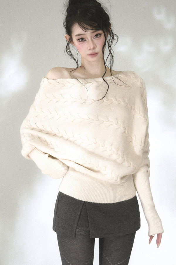 Diagonal Cable Knit Off-Shoulder Sweater