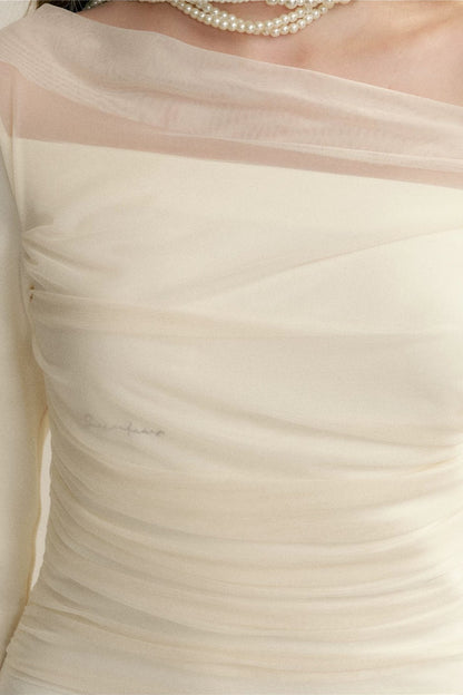Pleated Tulle Bow Long-Sleeve Dress