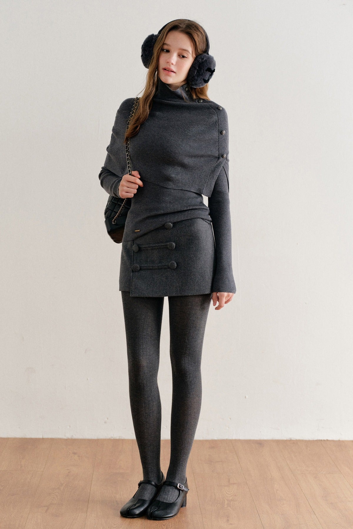 Wool Blend Double-Breasted Diagonal Placket Skirt