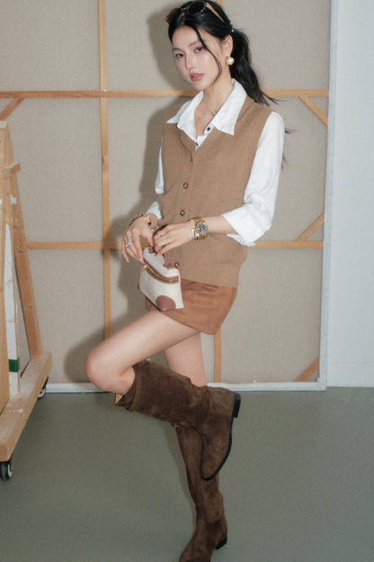 Camel Knitted Vest With Shirt Set-Up