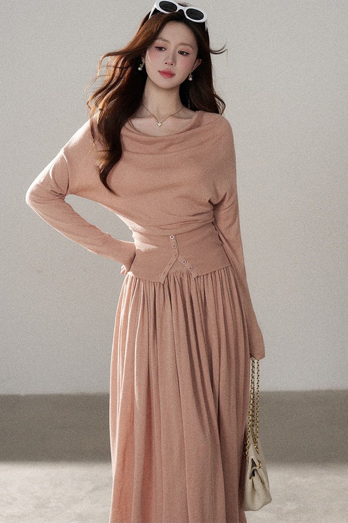 Three-Way Drape Collar Knit Shawl and Skirt Set
