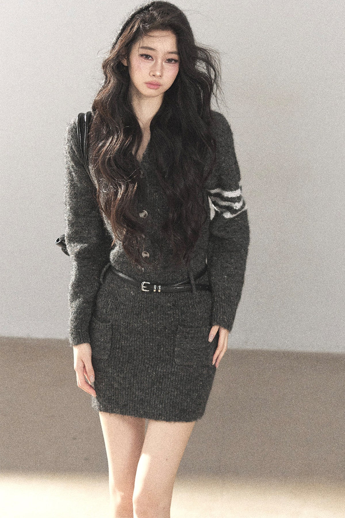Whale Gray Wool Hooded Bodycon Sweater Dress