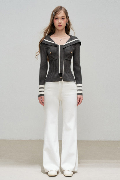 Navy Collar Striped Knit Top