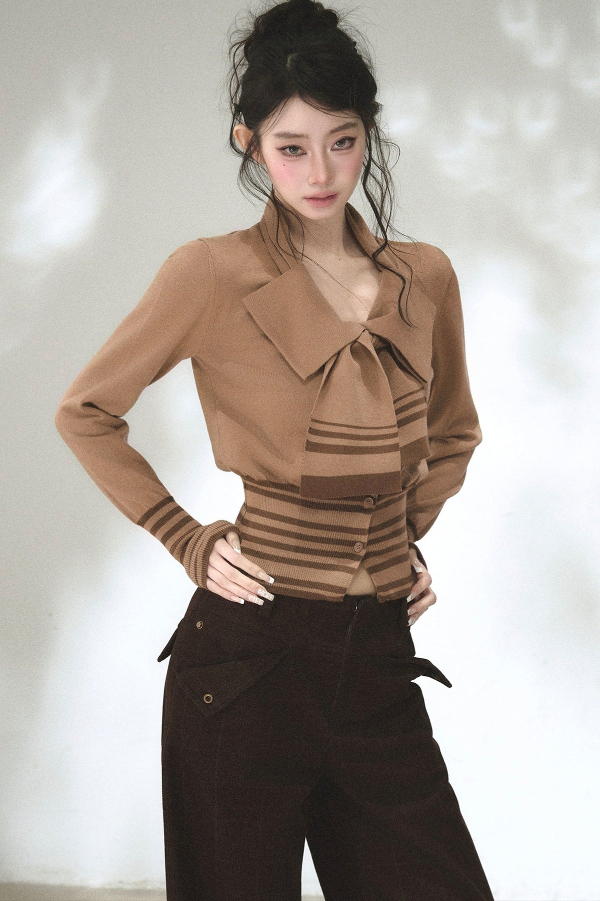 Bow Tie Striped Knit Cardigan