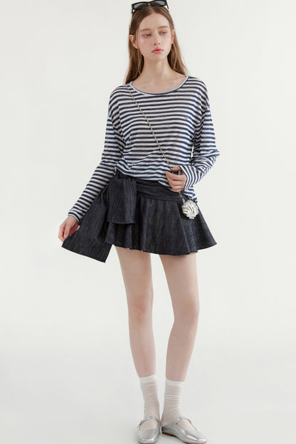 Navy Striped Long-Sleeve Top and A-Line Denim Skirt Set