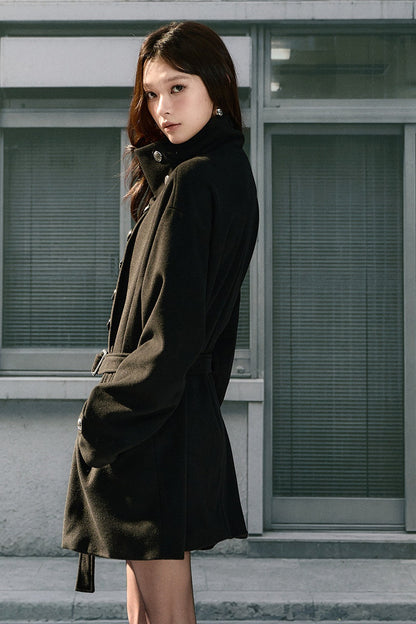 Double-Breasted Drop Shoulder Belted Woolen Coat