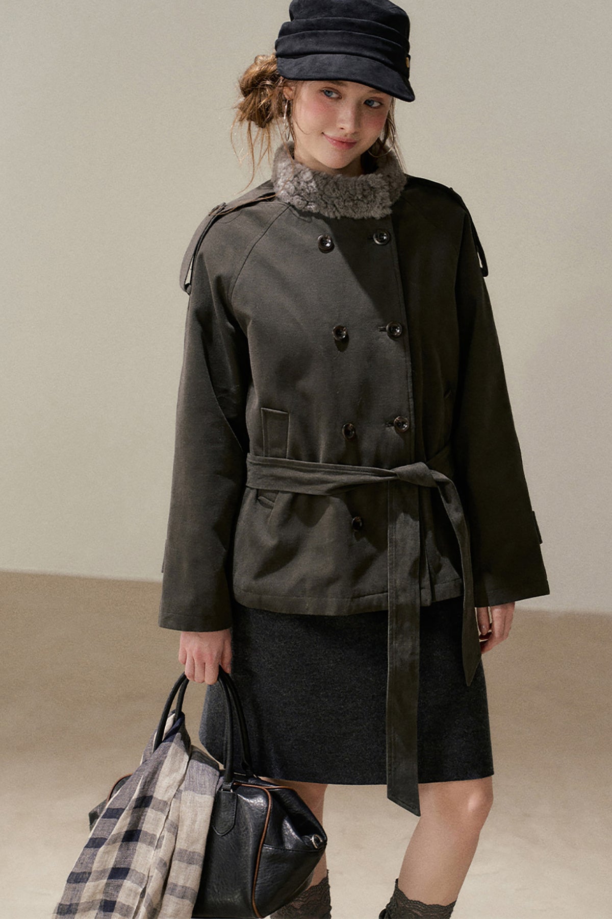 Gray Green Fur Collar Quilted Jacket