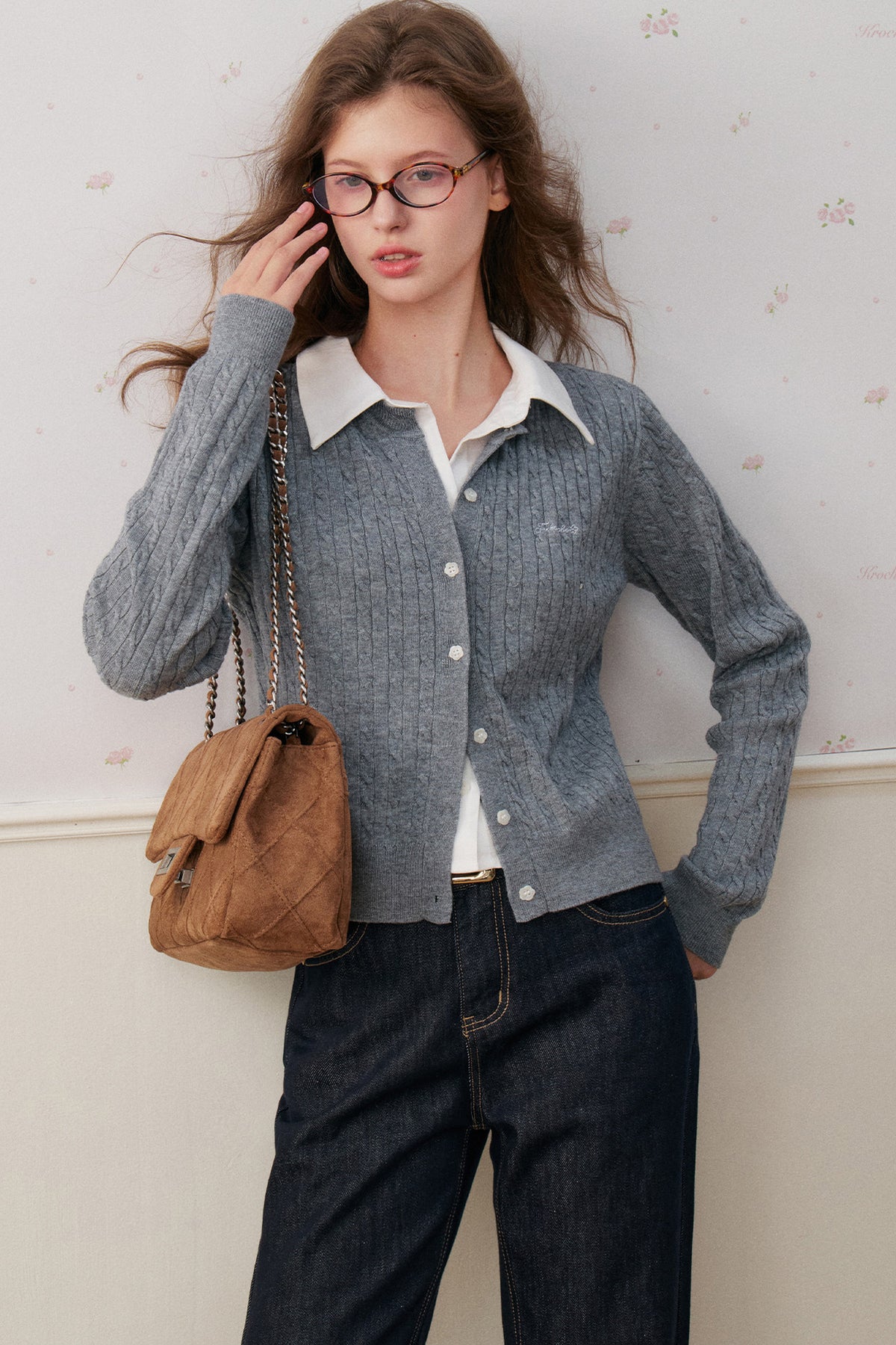 Wool Blend Spliced Shirt Cable Knit Cardigan