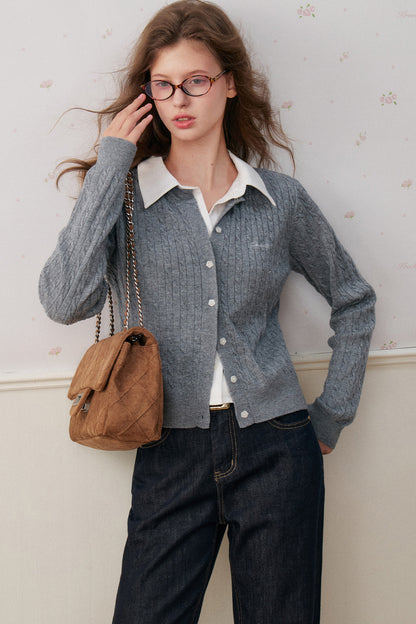 Wool Blend Spliced Shirt Cable Knit Cardigan
