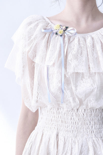 Layered Lace Ruffle Flutter Sleeve Tiered Dress