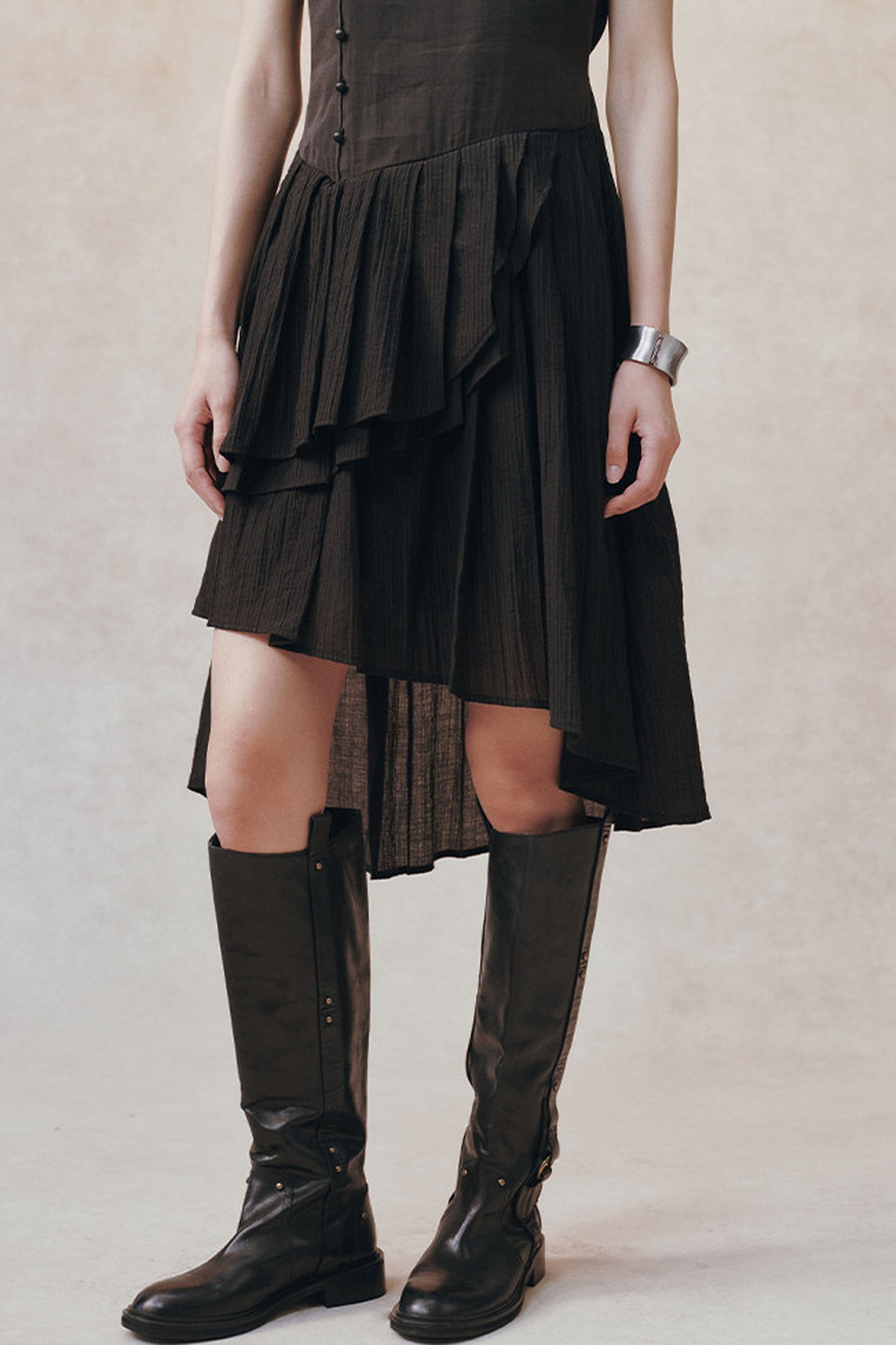 Diagonal Placket Pearl Button Irregular Hem Dress