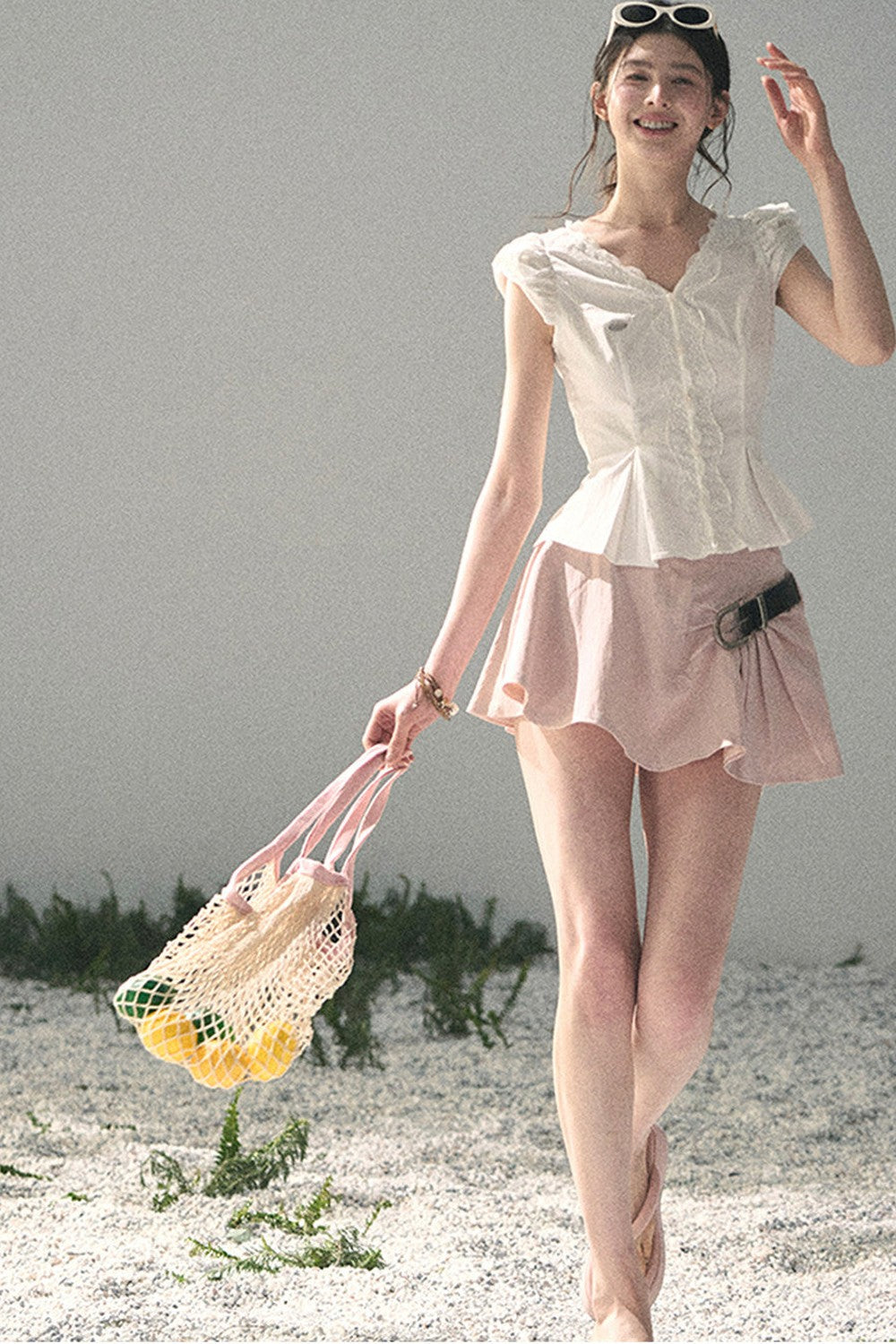 French V-Neck Lace Puff Sleeve Blouse