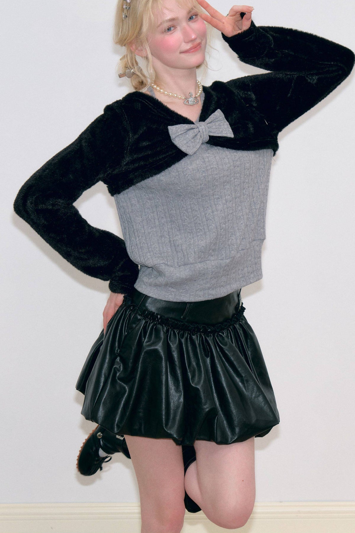 Gray Halter Bow Knit Sweater