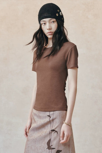 Backless Pleated Hollow-Out Short-Sleeve T-Shirt