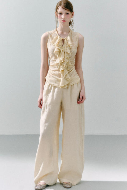 White Peach Wool Lace Ruffle Vest