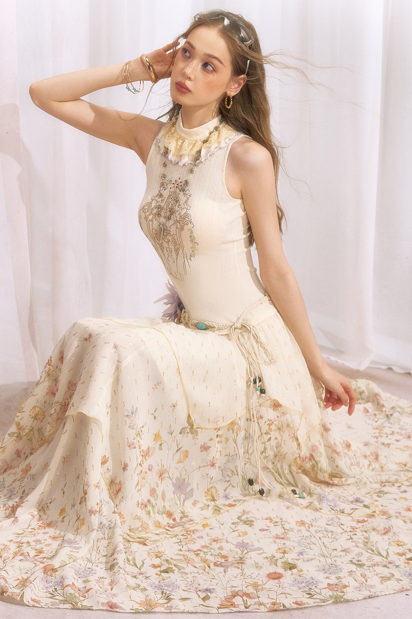 Floral Print Irregular Tiered Chiffon Skirt