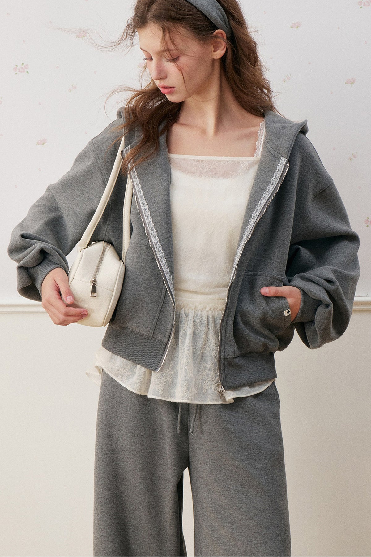 Lace Trim Double Zipper Hooded Jacket and Drawstring Pants Set-Up