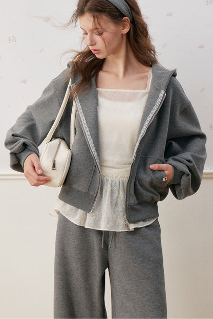 Lace Trim Double Zipper Hooded Jacket and Drawstring Pants Set-Up