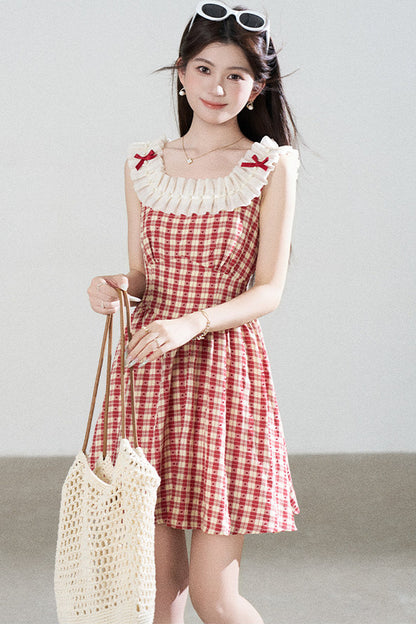 Red Plaid Sleeveless Ruffle Dress