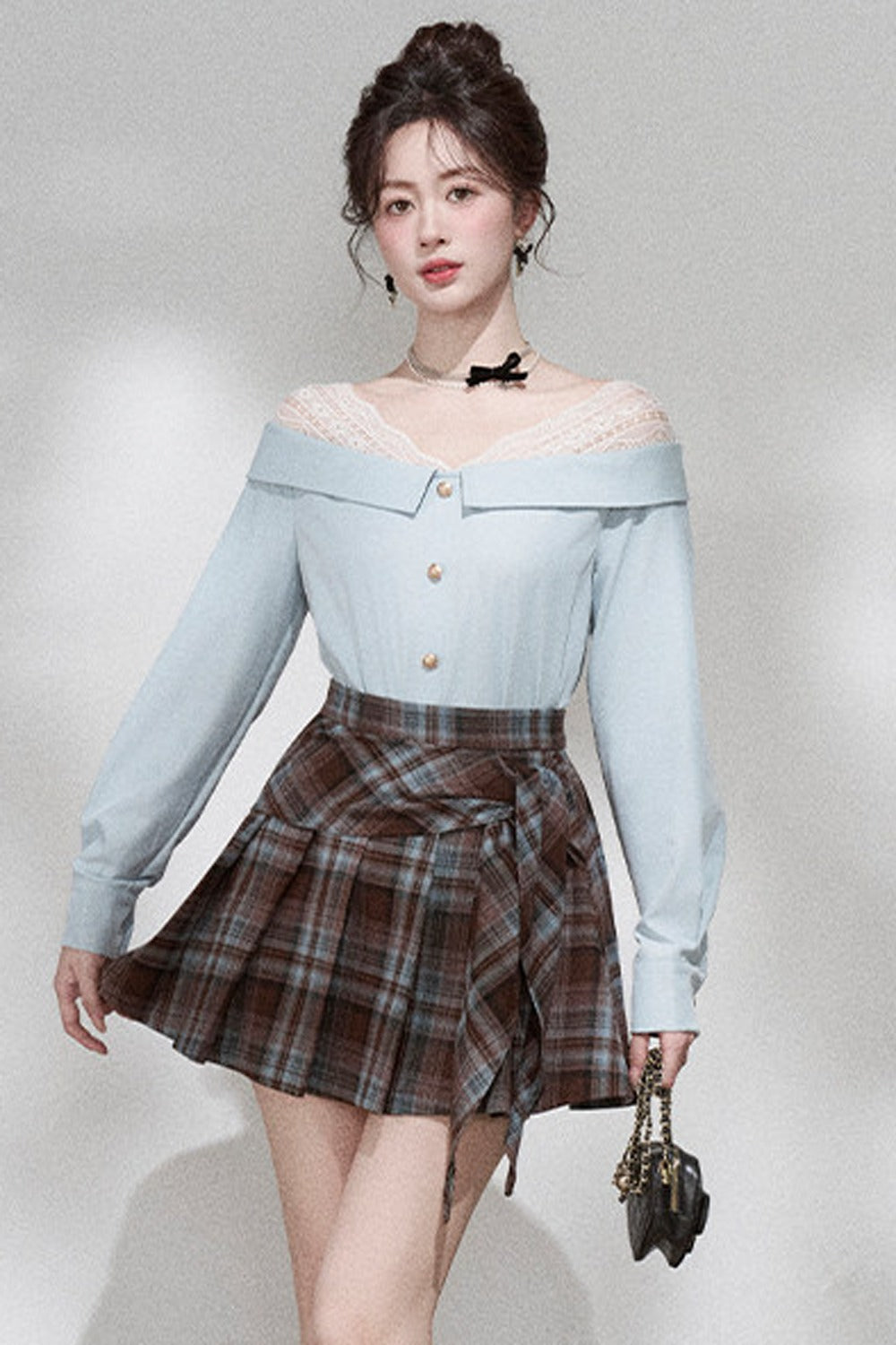 Blue Off-Shoulder Lace Blouse and Skirt Set-Up