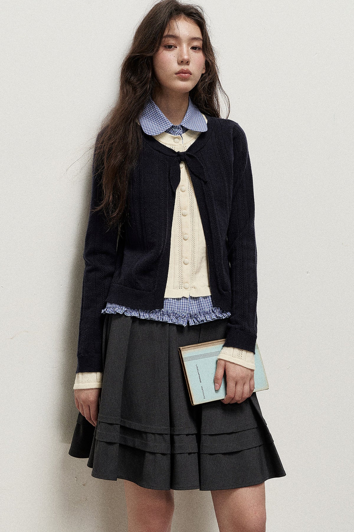 Plaid Collar Layered-Look Knit Top