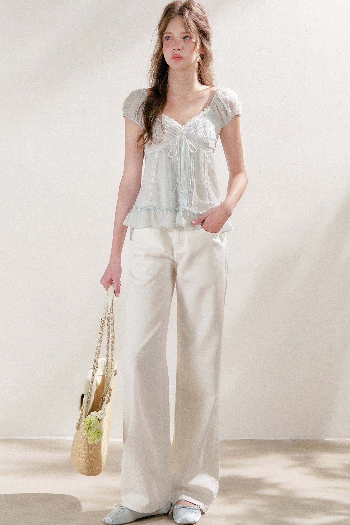 Pleated Tencel Lace Ruffle Short Sleeve Top