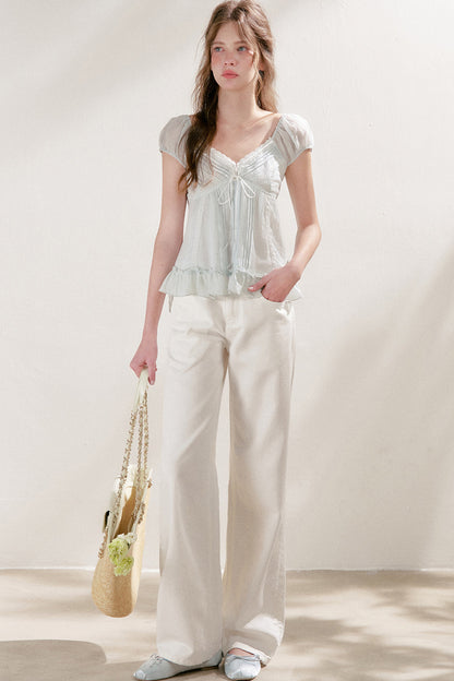 Pleated Tencel Lace Ruffle Short Sleeve Top