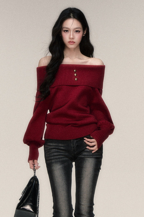 Red Off-Shoulder Knit Sweater and Shorts Set-Up
