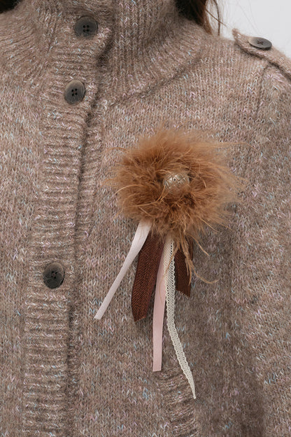 Stand Collar Corsage Knit Cardigan