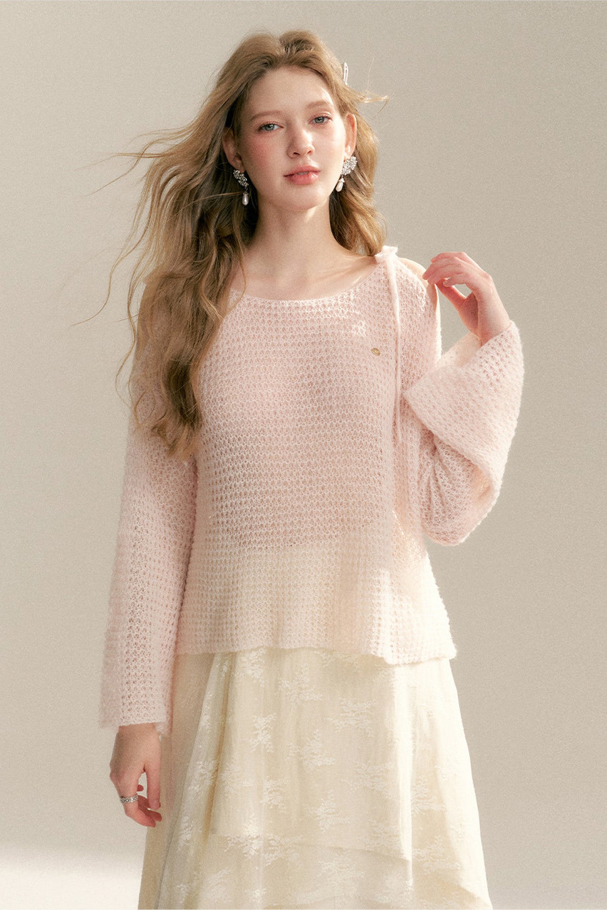 Lace-Up Off-Shoulder Knit Sweater