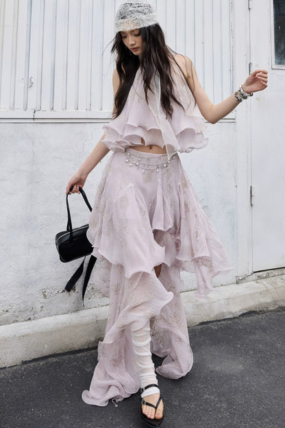 Conjunto retro de top halter con volantes en rosa melocotón