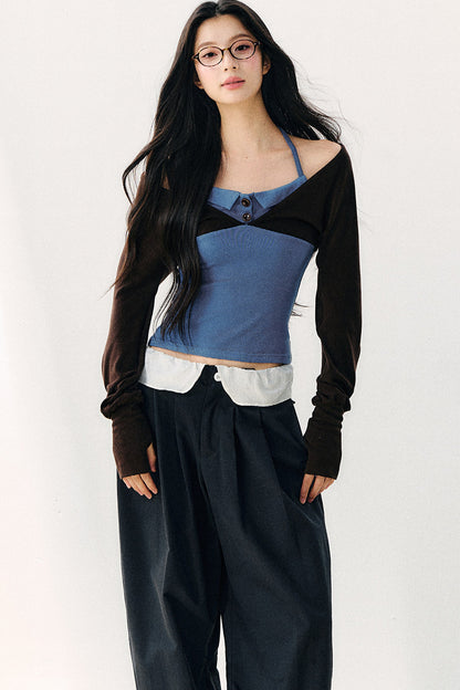 Color Block Halter Collar Long Sleeve Top