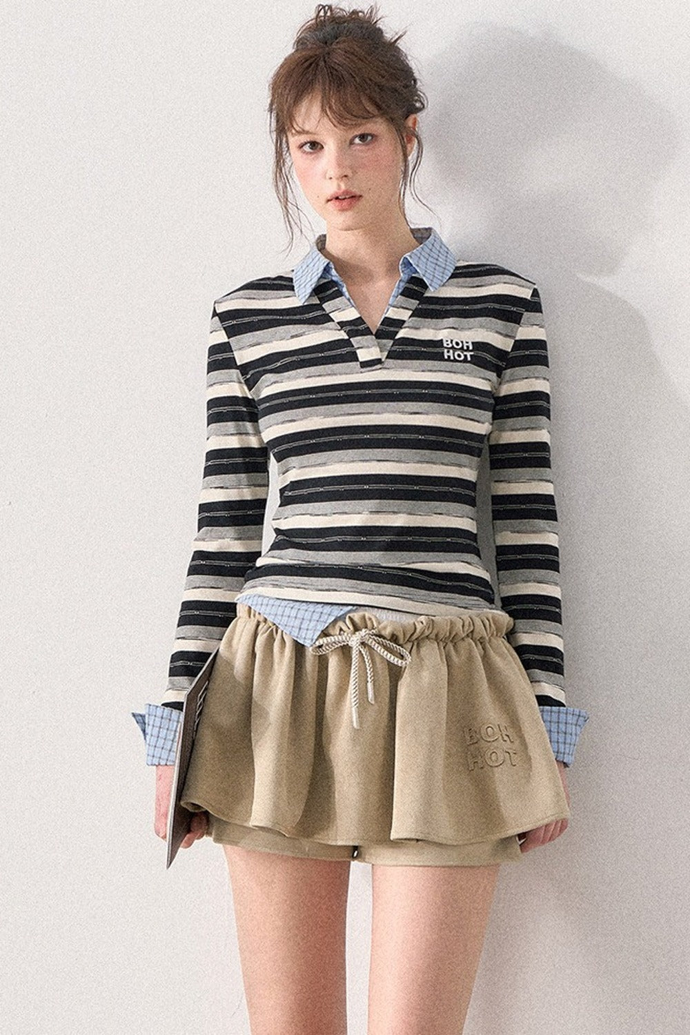 Striped Layered-Look Long-Sleeve Polo Shirt