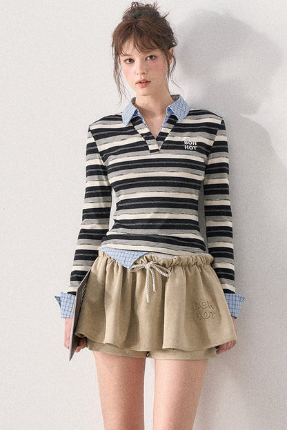 Striped Layered-Look Long-Sleeve Polo Shirt