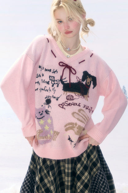 Pink Cartoon Print V-Neck Sweater
