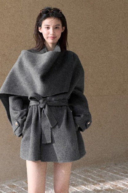 Double-Sided Wool Scarf Collar Coat