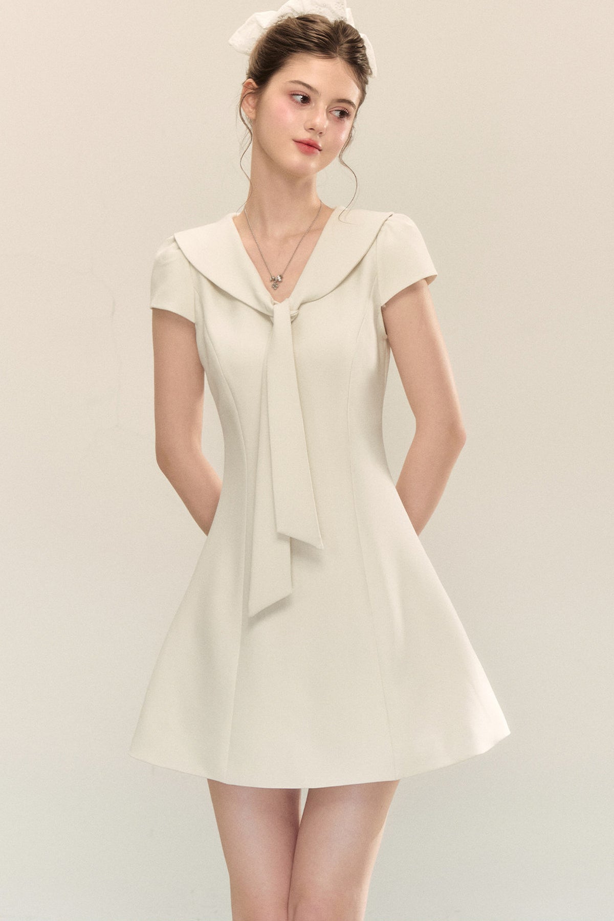 Navy Collar Short Sleeve A-Line Dress
