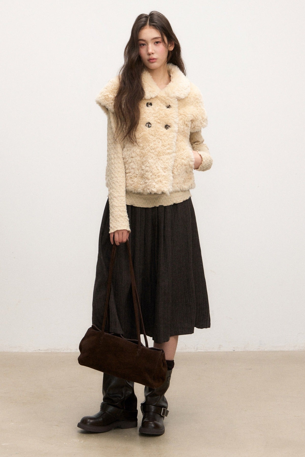 Brown Pleated Skirt and Jacket Set-Up